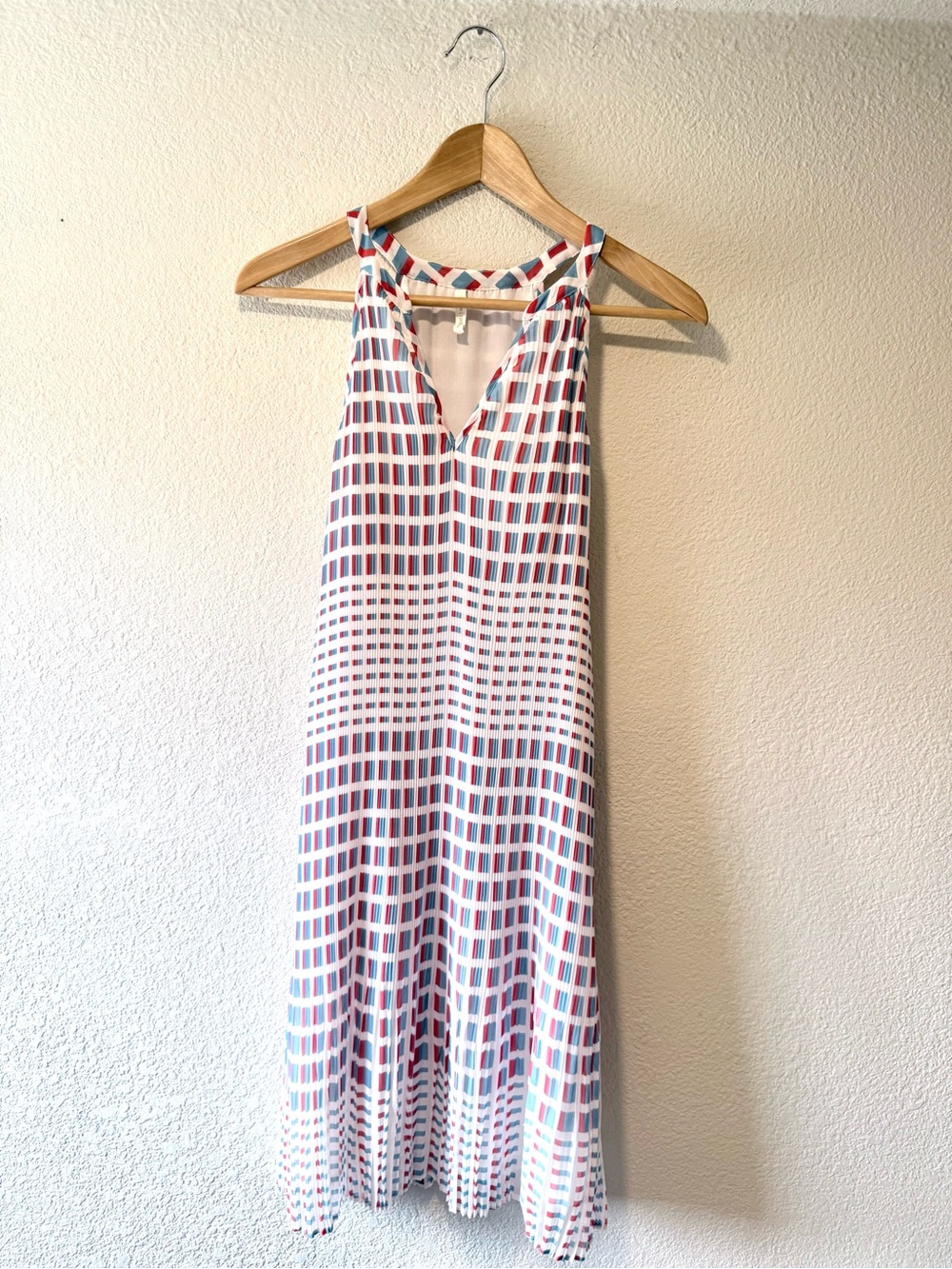 Sleeveless Midi Dress with Red and Blue Geometric Grid